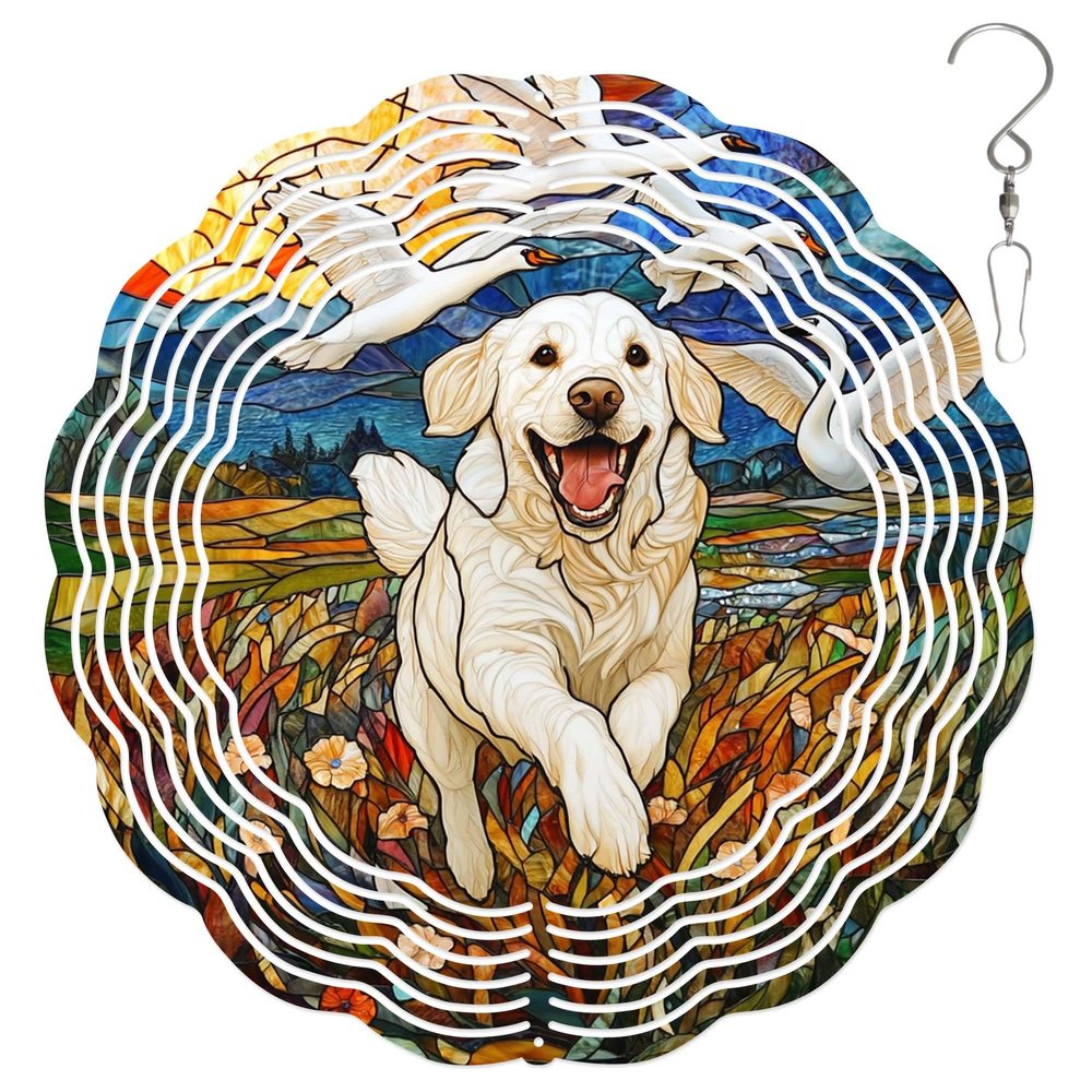 10-Inch Metal Wind Spinner White Golden Retriever with Ducks 3D Dog Wind Spinner, Unique Metal Hanging Kinetic Wind Sculpture Ornament Yard Art Garden Patio Lawn Indoor Outdoor Decor (2)