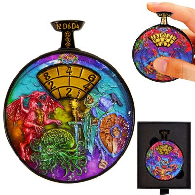 All-in-One DND Dice Roller & Life Counter | Reversible Metal Dice Spinner Pocket Watch Design with 3D Epic Dragon &Monster Art| D4/D6/D8/D10/D12/D20 HP Tracker for D&D, MTG,TTRPG,DM Gifts (Rainbow)