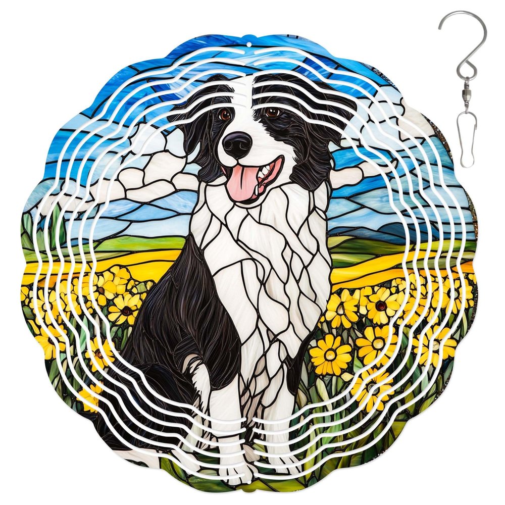 10-Inch Metal Wind Spinner Border Collie in Yellow Flower Field 3D Dog Wind Spinner, Unique Metal Hanging Kinetic Wind Sculpture Ornament Yard Art Garden Patio Lawn Indoor Outdoor Decor (2)