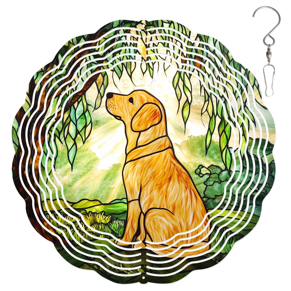 10-Inch Metal Wind Spinner Golden Retriever Under Willow Tree 3D Dog Wind Spinner, Unique Metal Hanging Kinetic Wind Sculpture Ornament Yard Art Garden Patio Lawn Indoor Outdoor Decor (1)