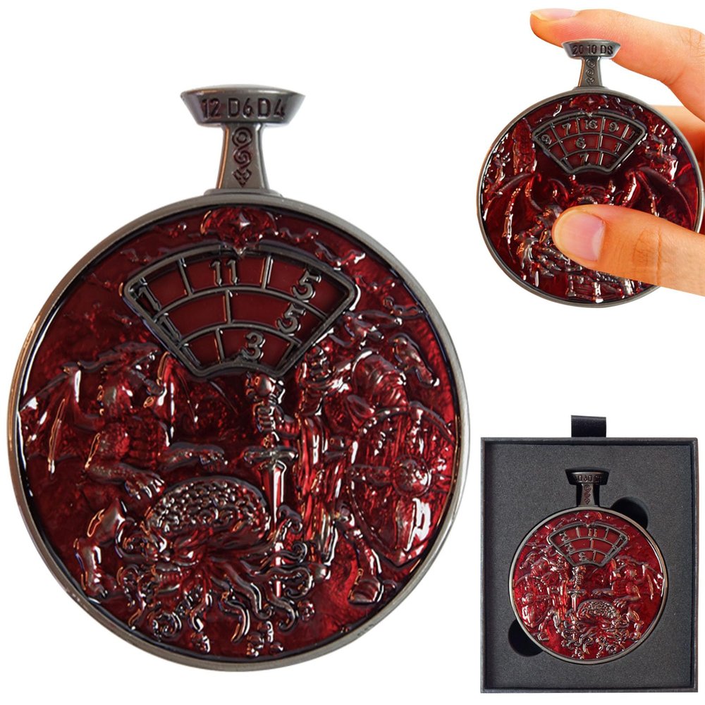 All-in-One DND Dice Roller & Life Counter | Reversible Metal Dice Spinner Pocket Watch Design with 3D Epic Dragon &Monster Art| D4/D6/D8/D10/D12/D20 HP Tracker for D&D, MTG,TTRPG,DM Gifts (Red)