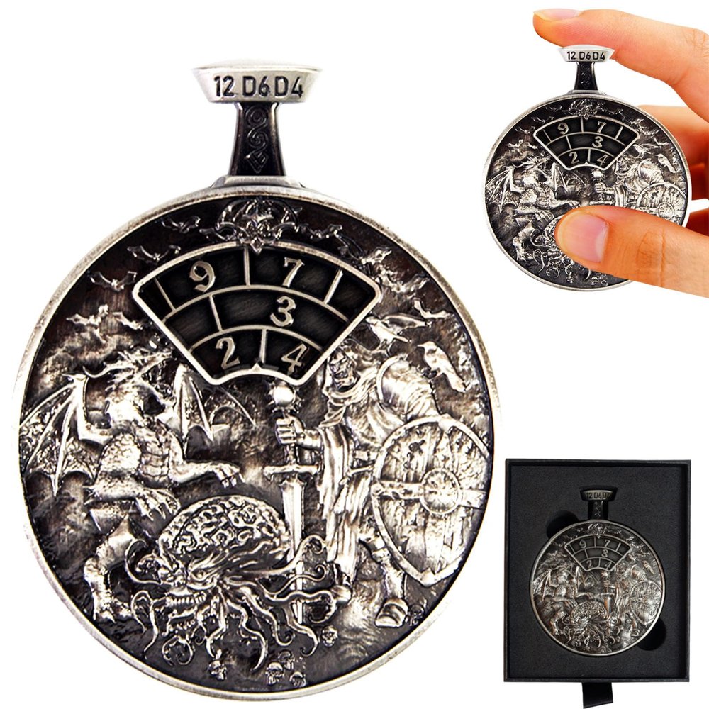 All-in-One DND Dice Roller & Life Counter | Reversible Metal Dice Spinner Pocket Watch Design with 3D Epic Dragon &Monster Art| D4/D6/D8/D10/D12/D20 HP Tracker for D&D, MTG,TTRPG,DM Gifts (Silver)