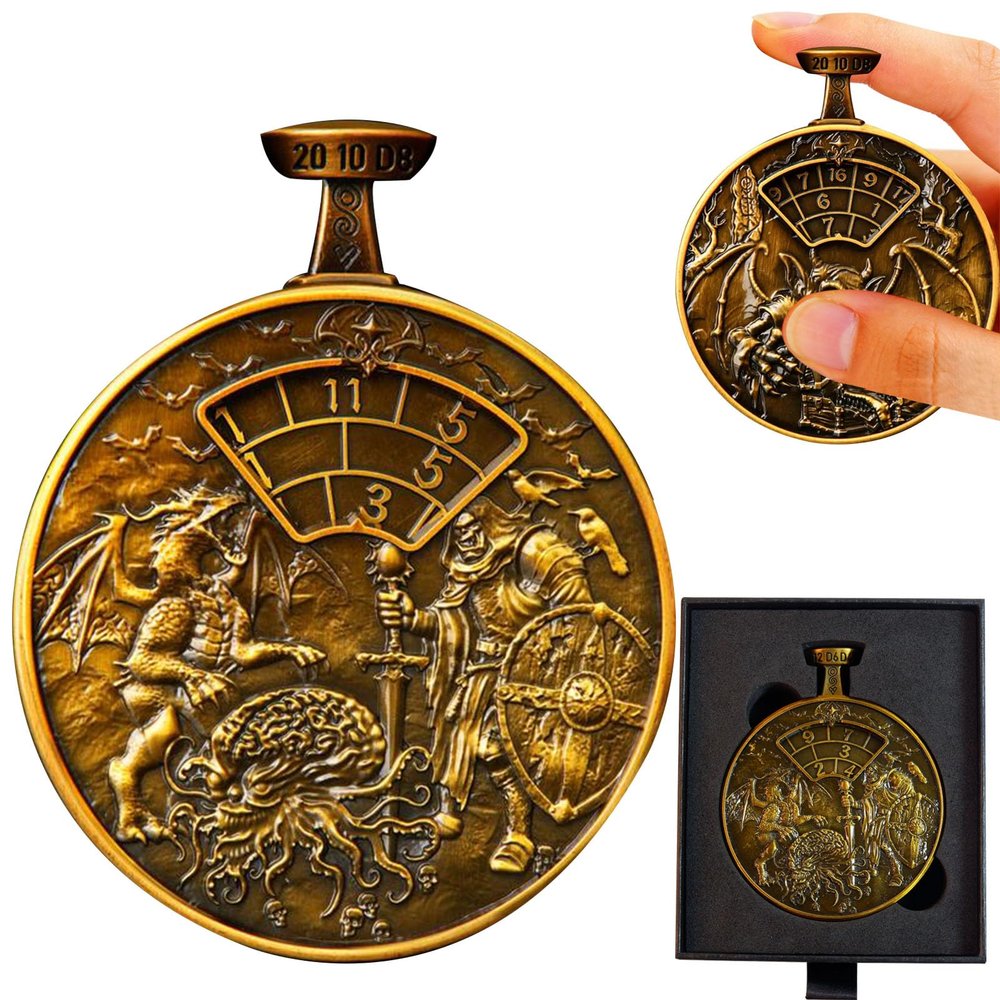 All-in-One DND Dice Roller & Life Counter | Reversible Metal Dice Spinner Pocket Watch Design with 3D Epic Dragon &Monster Art| D4/D6/D8/D10/D12/D20 HP Tracker for D&D, MTG,TTRPG,DM Gifts (Gold)