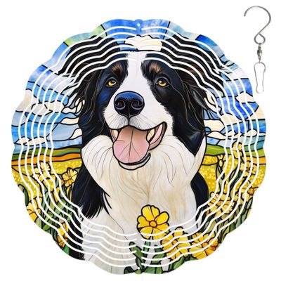 10-Inch Metal Wind Spinner Border Collie in Yellow Flower Field 3D Dog Wind Spinner, Unique Metal Hanging Kinetic Wind Sculpture Ornament Yard Art Garden Patio Lawn Indoor Outdoor Decor (1)