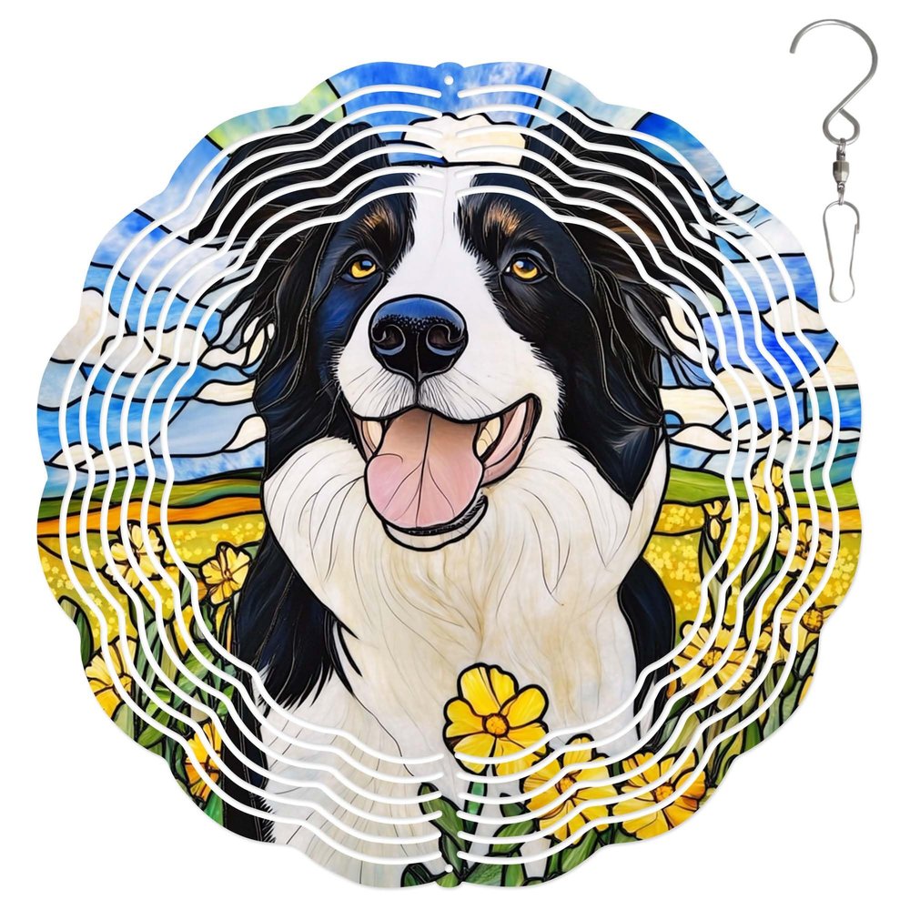 10-Inch Metal Wind Spinner Border Collie in Yellow Flower Field 3D Dog Wind Spinner, Unique Metal Hanging Kinetic Wind Sculpture Ornament Yard Art Garden Patio Lawn Indoor Outdoor Decor (1)