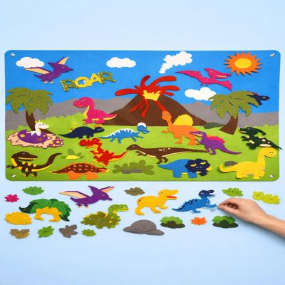 Shrandi Dinosaur Felt-Board Story Set 37Pcs 3.5Ft Wall Hanging Flannel Board with Felt Dinosaurs, Volcano & Ancient Animal Theme | Early Learning Interactive Play Kit for Cognitive Developme