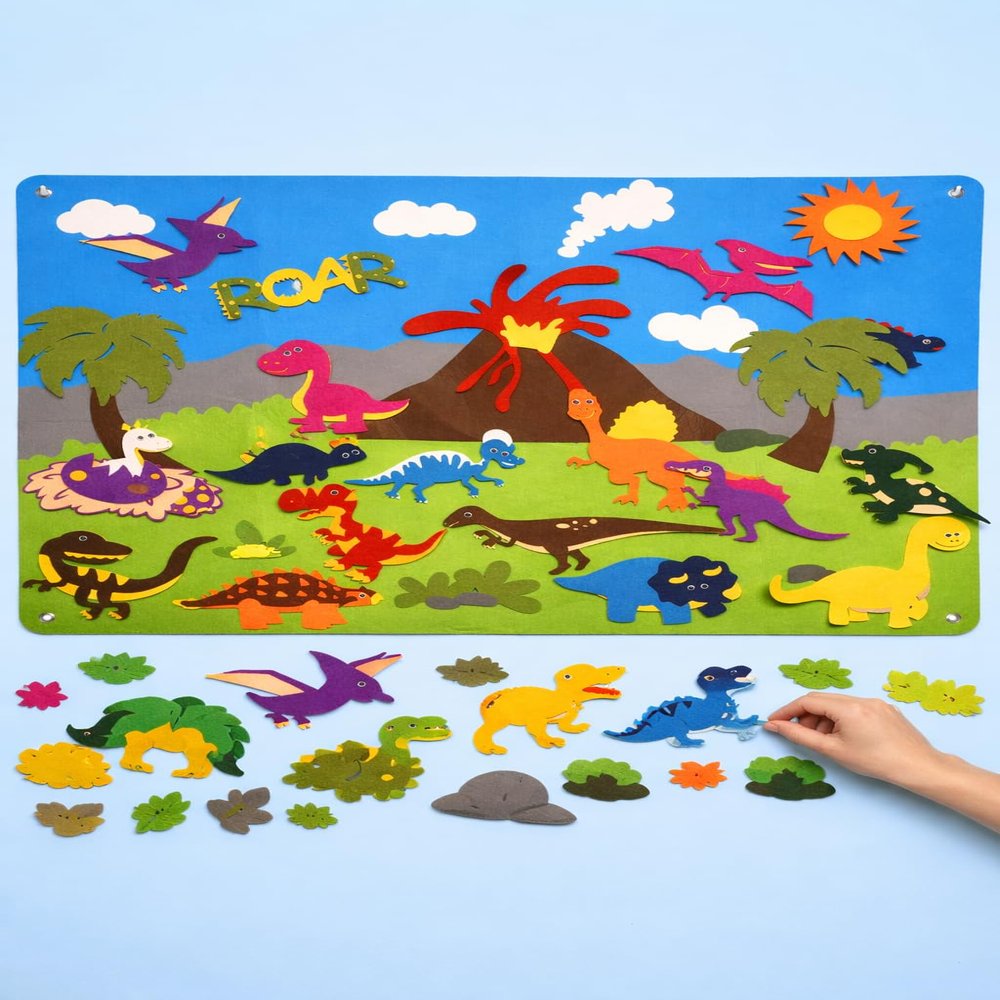 Shrandi Dinosaur Felt-Board Story Set 37Pcs 3.5Ft Wall Hanging Flannel Board with Felt Dinosaurs, Volcano & Ancient Animal Theme | Early Learning Interactive Play Kit for Cognitive Developme