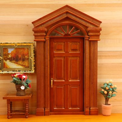 1:12 Miniature Dollhouse Villa Door, Simulation Wooden Door with Antique Style, Classical Columns and Arched Window