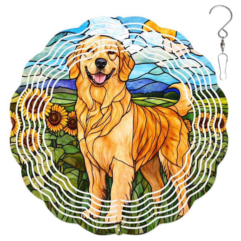 10-Inch Metal Wind Spinner Golden Retriever in Sunflower Field 3D Dog Wind Spinner, Unique Metal Hanging Kinetic Wind Sculpture Ornament Yard Art Garden Patio Lawn Indoor Outdoor Decor