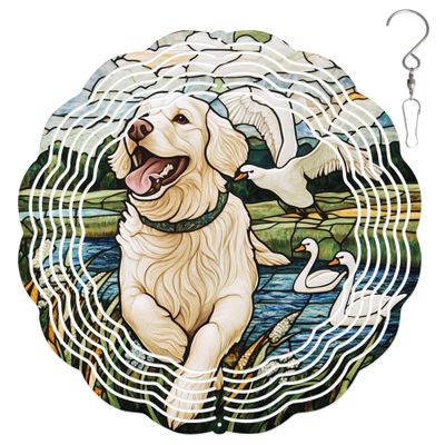 10-Inch Metal Wind Spinner White Golden Retriever with Ducks 3D Dog Wind Spinner, Unique Metal Hanging Kinetic Wind Sculpture Ornament Yard Art Garden Patio Lawn Indoor Outdoor Decor (1)