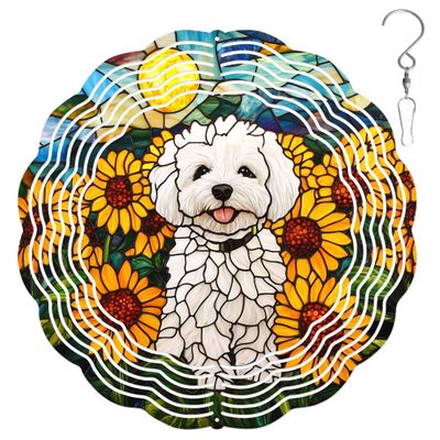 10-Inch Metal Wind Spinner Bichon Frise in Sunflower Field 3D Dog Wind Spinner, Unique Metal Hanging Kinetic Wind Sculpture Ornament Yard Art Garden Patio Lawn Indoor Outdoor Decor (3)