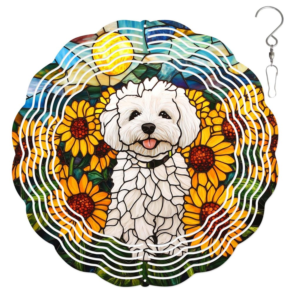 10-Inch Metal Wind Spinner Bichon Frise in Sunflower Field 3D Dog Wind Spinner, Unique Metal Hanging Kinetic Wind Sculpture Ornament Yard Art Garden Patio Lawn Indoor Outdoor Decor (3)