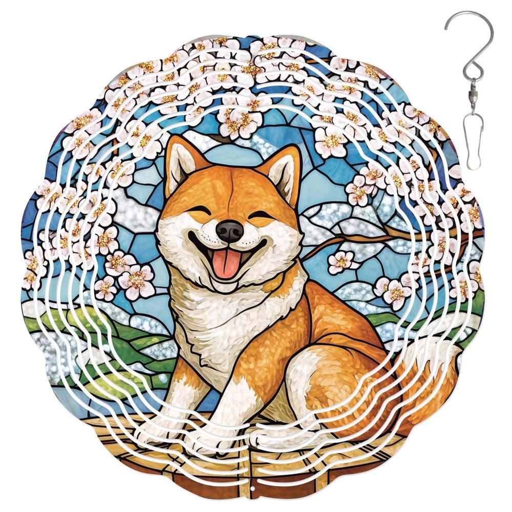 10-Inch Metal Wind Spinner Shiba Inu Under Cherry Blossom Tree 3D Dog Wind Spinner, Unique Metal Hanging Kinetic Wind Sculpture Ornament Yard Art Garden Patio Lawn Indoor Outdoor Decor (1)