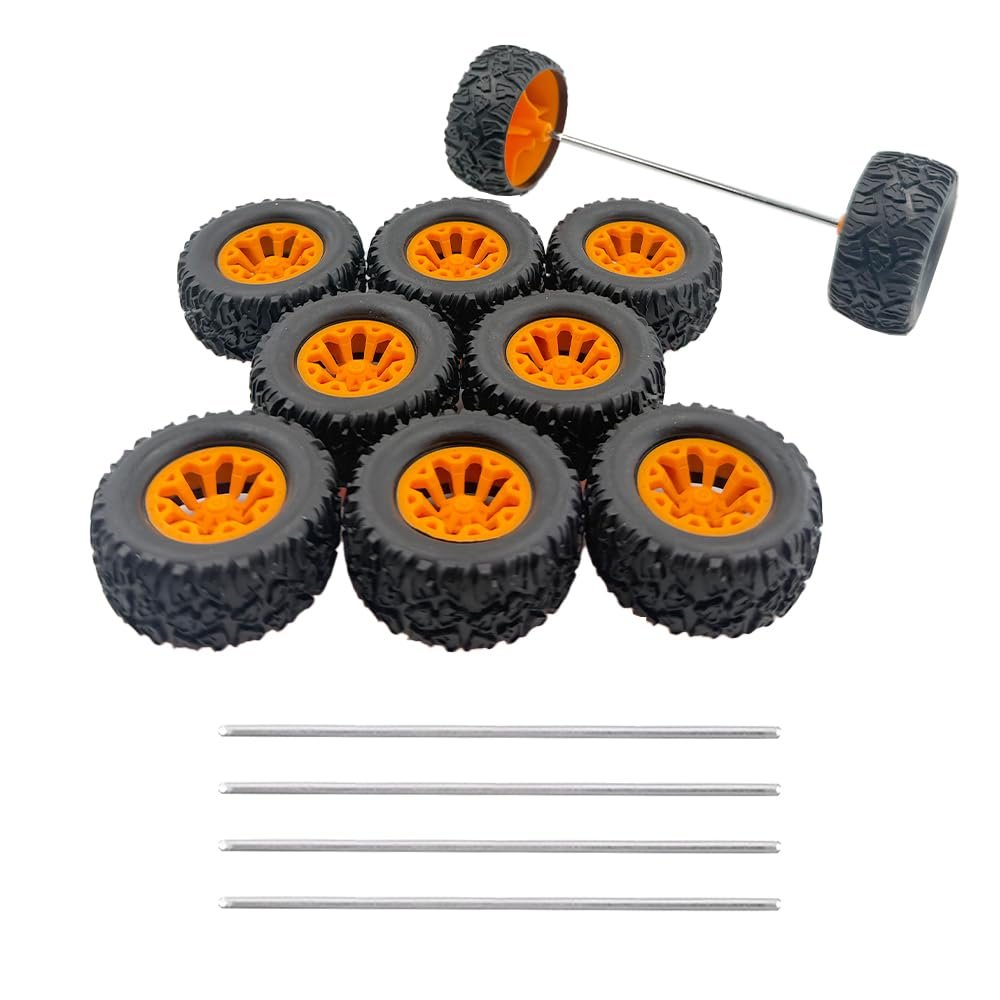 10PCS Toy Car Wheel RC Car Rubber Tire Wheel with 5PCS Round Rod Shaft Axles for RC Car Truck Robot DIY Model Toy Parts(2x44mm Orange)