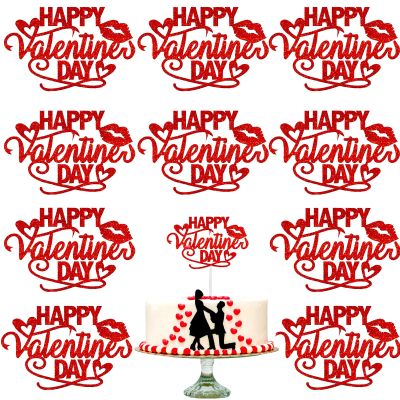 10 Pieces Glitter Red Valentine's Day Cake Toppers - Happy Valentine's Day Lips Design Cake Hats for Cupcakes, Desserts, Romantic Party Decorations