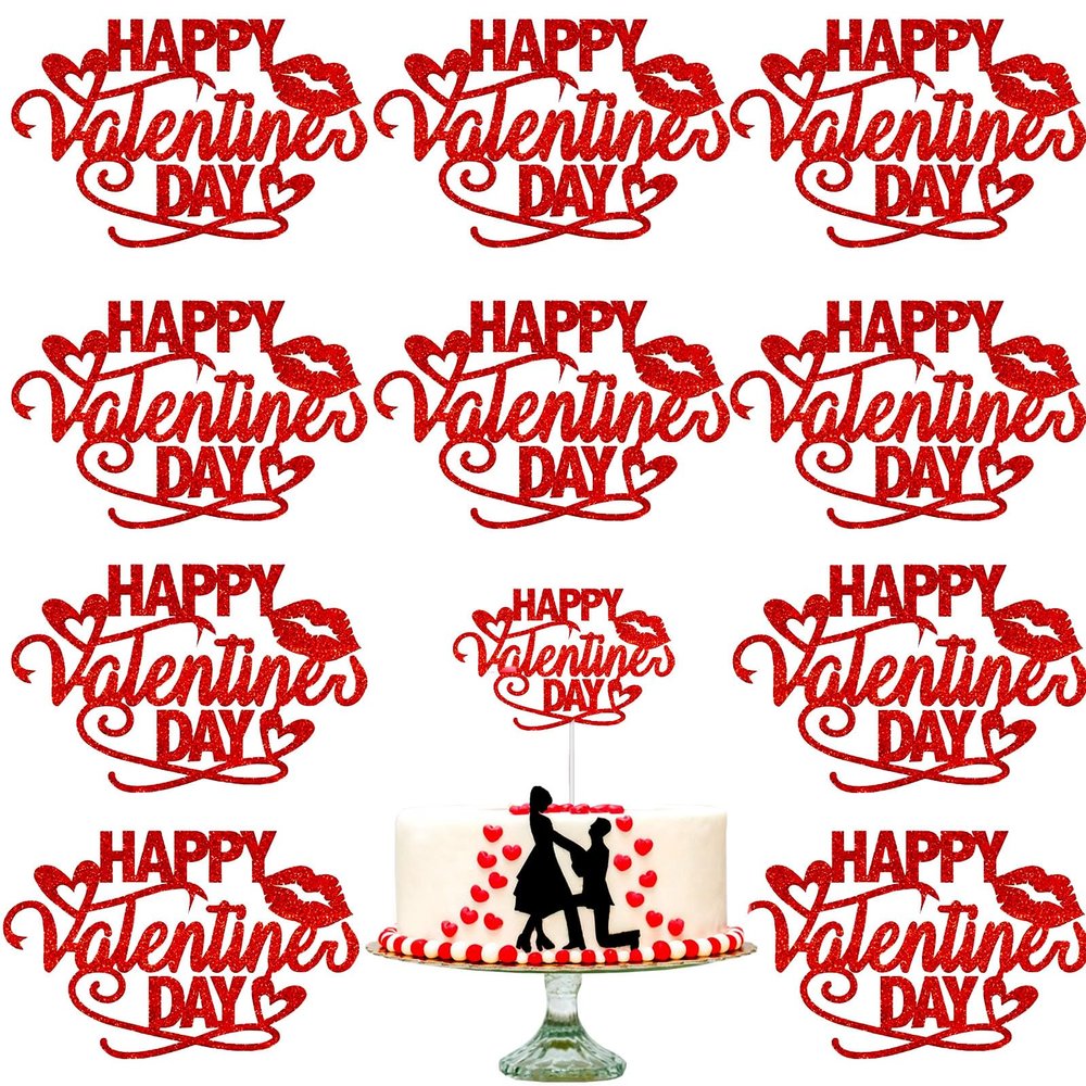 10 Pieces Glitter Red Valentine's Day Cake Toppers - Happy Valentine's Day Lips Design Cake Hats for Cupcakes, Desserts, Romantic Party Decorations