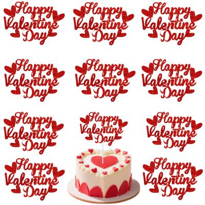 10 Pack Glitter Red Happy Valentine's Day Cake Toppers with Hearts - Decorative Cupcake Hats for Valentine's Desserts, Parties & Romantic Celebrations