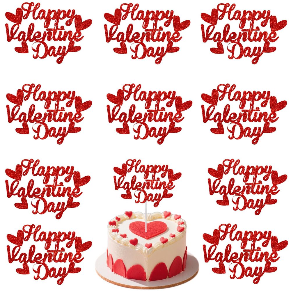 10 Pack Glitter Red Happy Valentine's Day Cake Toppers with Hearts - Decorative Cupcake Hats for Valentine's Desserts, Parties & Romantic Celebrations