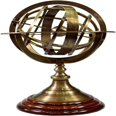 11" Antique Brass Armillary Sphere with Wooden Base  Handmade Celestial Globe | Vintage Astronomical Decor | Nautical Brass Model for Home Office