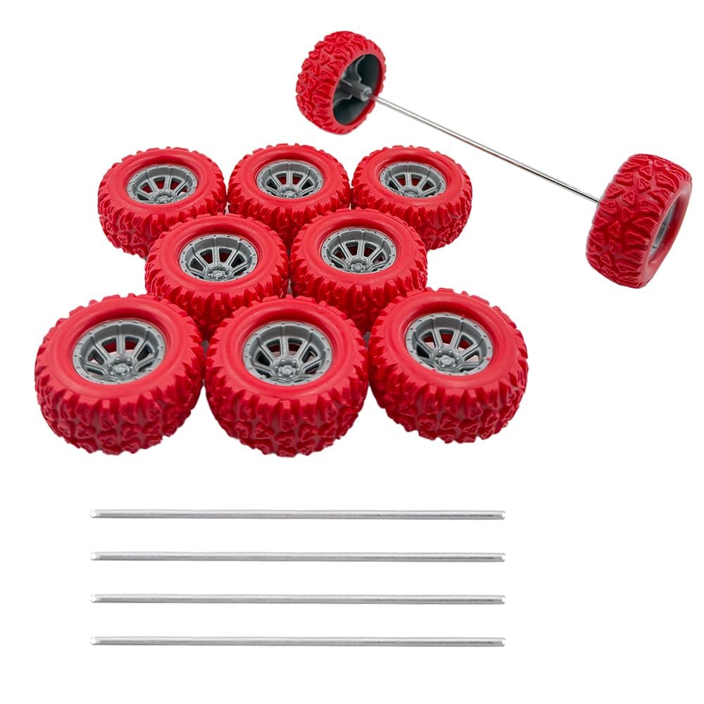 10PCS Toy Wheel Model Car Rubber Tire Wheel with 5PCS Shaft Round Rod Axles for RC Car Truck Robot DIY Model Building Parts (2x40mm Red)