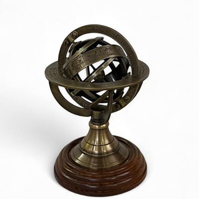 Antique Brass Armillary Sphere Globe on Wooden Base  5 Inch Decorative Astronomical Model | Vintage Nautical Desk & Home Dcor