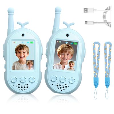 Upgraded Video Walkie Talkies for Kids, 2 Pack Rechargeable Voice/Video Call Kids Walkies Talkies, Toddler Toys for Indoor, Outside, Camping, Hiking, Gift for Boys and Girls Ages 3-12 (Blue/Blue)