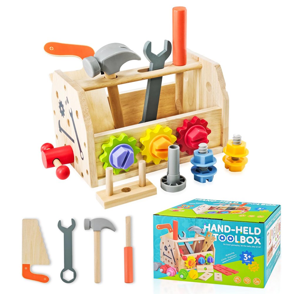 32 PCS Wooden Toddler Tool Set with Box, Montessori STEM Educational Pretend Play Construction Toy, Fine Motor Skills Learning Gift for 2 3 4 5 6 Year Old Boys and Girls