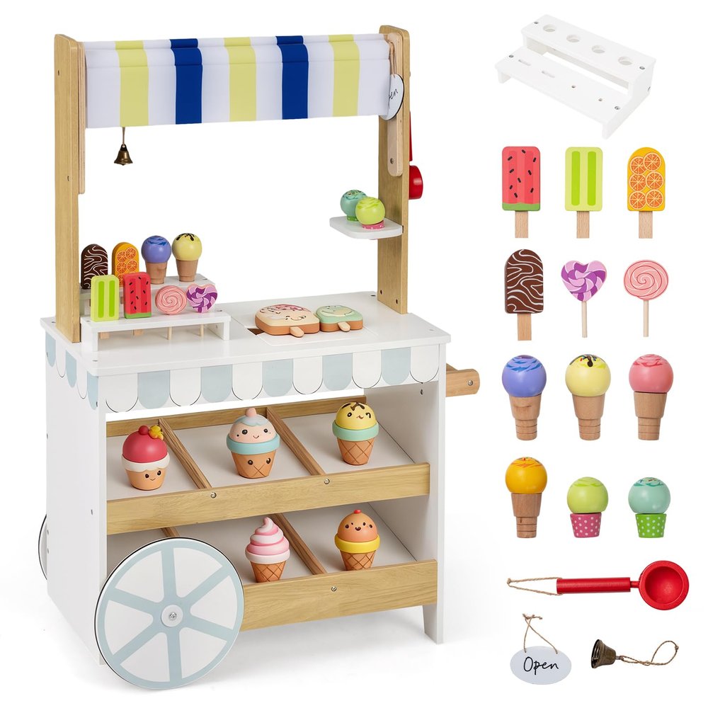 Costzon Kids Ice Cream Cart, 2-in-1 Wooden Grocery Store Playset w/Display Shelves, Freezer, Bell, Scoop, Ice Pops, Cream Cones & Storage, Toddler Pretend Dessert Shop for Boys & Girls 3+