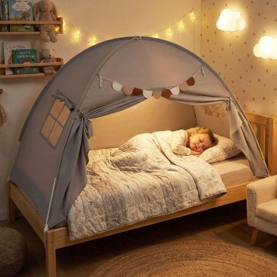 INFANS Bed Tent for Kids, Indoor Large Toddler Canopy Playhouse with Flags, Teepee Toys Gift for Boys Girls Aged 3+, 75 x 39 x 48