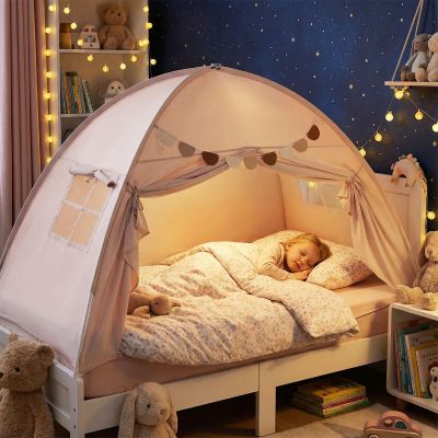INFANS Bed Tent for Kids, Indoor Large Toddler Canopy Playhouse with Flags, Teepee Toys Gift for Boys Girls Aged 3+, 75 x 39 x 48