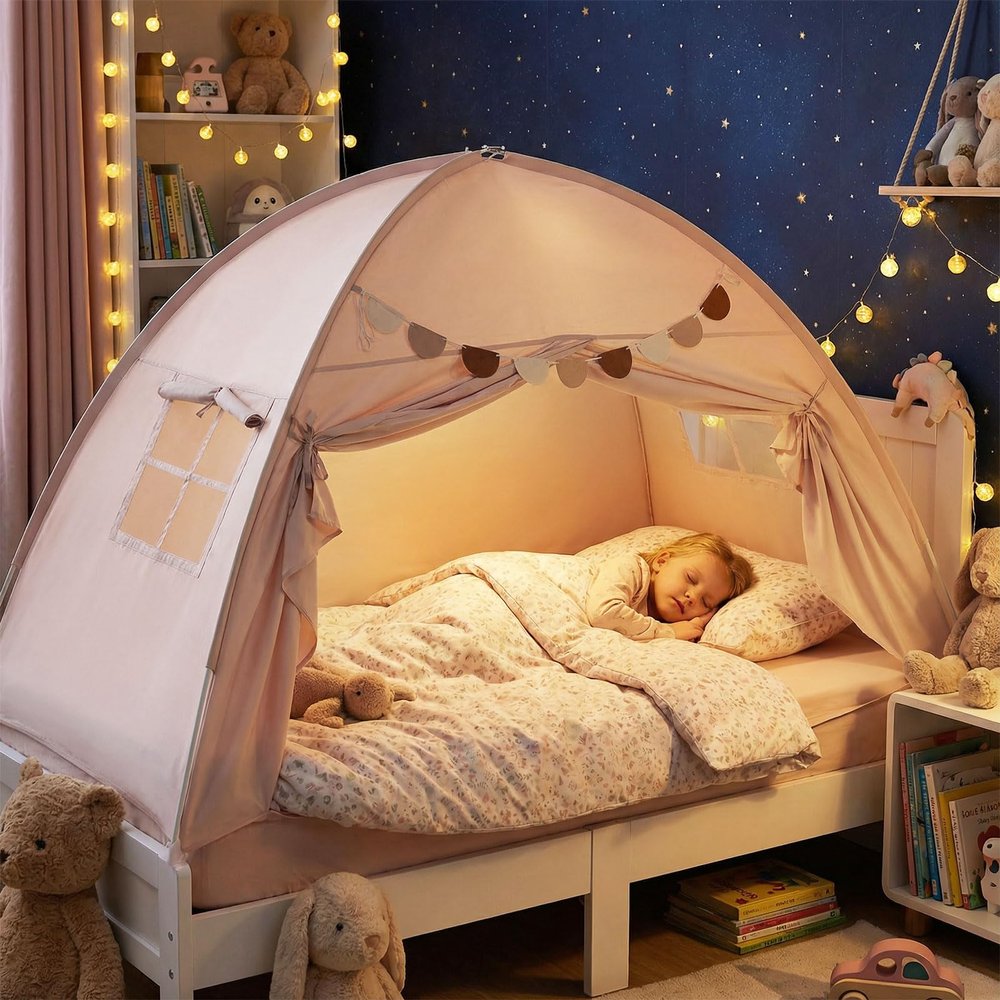 INFANS Bed Tent for Kids, Indoor Large Toddler Canopy Playhouse with Flags, Teepee Toys Gift for Boys Girls Aged 3+, 75 x 39 x 48