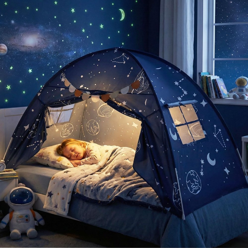 INFANS Bed Tent for Kids, Indoor Large Toddler Canopy Playhouse with Flags, Teepee Toys Gift for Boys Girls Aged 3+, 75 x 39 x 48