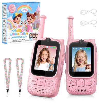 Kids Audio/Video Walkie Talkies, 2 Pack Rechargeable Walkie Talkies for Kids with 2 Screen & Camera & Voice Changer, Long Range Boys Girls Toys for Indoor Outdoor Camping Hiking Games (Pink/Pink)