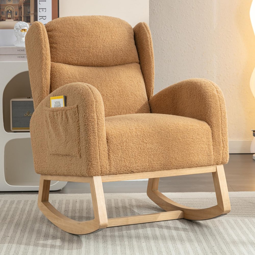 049-Teddy Fabric Rocking Chair with Packet Wood Legs Khaki Rocking Comfort Living Room Bedroom Cozy Comfort