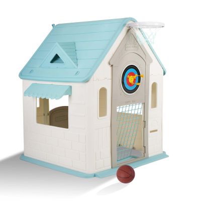 Charming Cottage Playhouse for Kids - Indoor Outdoor Play House with Basketball Hoop, Dart Board & Soccer Goal - Educational Role Play Toy for Kids 3-8Y