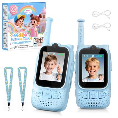 Kids Audio/Video Walkie Talkies, 2 Pack Rechargeable Walkie Talkies for Kids with 2 Screen & Camera & Voice Changer, Long Range Boys Girls Toys for Indoor Outdoor Camping Hiking Games (Blue/Blue)