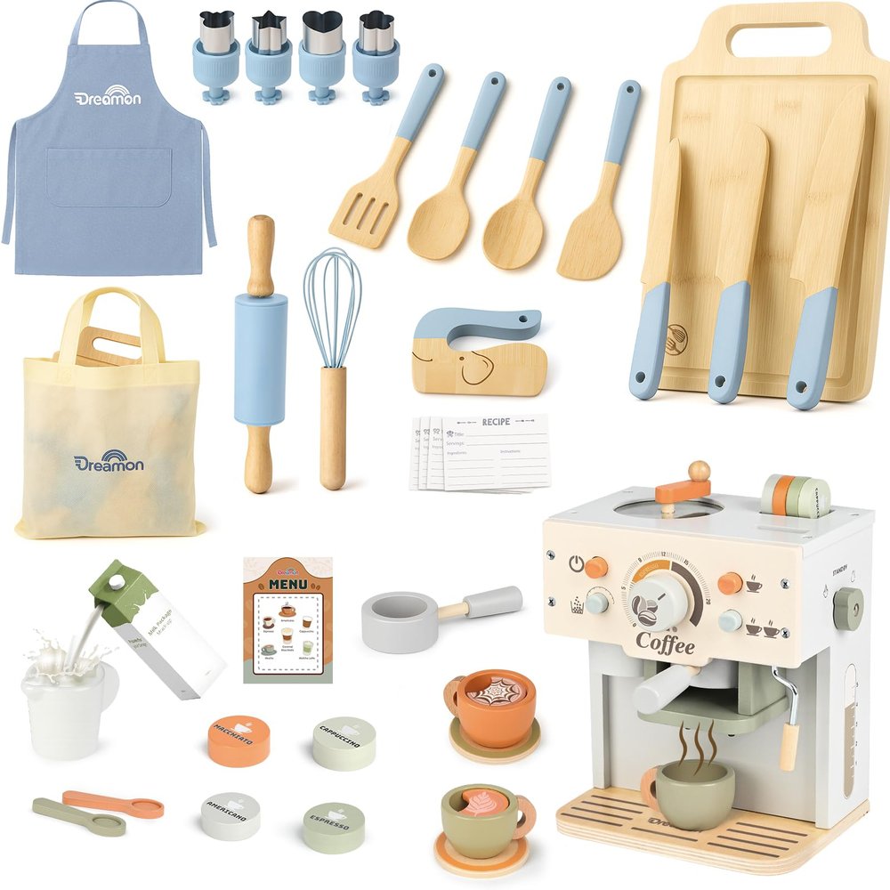 Dreamon Wooden Kids Kitchen Set, Toy Coffee Maker and Cooking & Baking Kitchen Tools, Pretend Play Kitchen Accessories Birthday Gifts