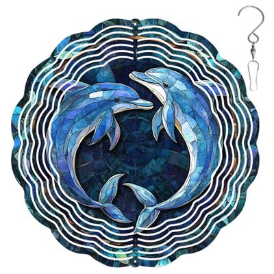 10-Inch Metal Wind Spinner Two Blue Dolphins 3D Marine Life Wind Spinner, Unique Metal Hanging Kinetic Wind Sculpture Ornament Gifts for Women Yard Art Garden Patio Lawn Indoor Outdoor Decor