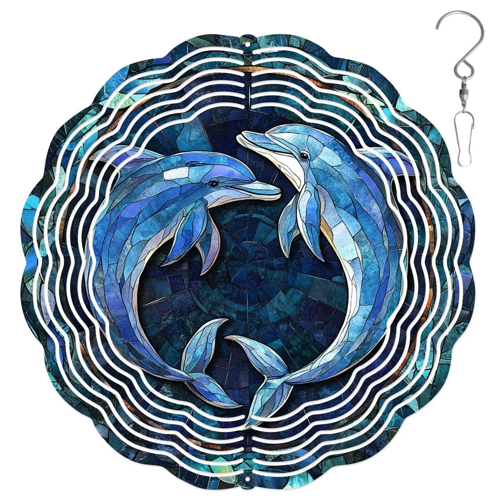 10-Inch Metal Wind Spinner Two Blue Dolphins 3D Marine Life Wind Spinner, Unique Metal Hanging Kinetic Wind Sculpture Ornament Gifts for Women Yard Art Garden Patio Lawn Indoor Outdoor Decor