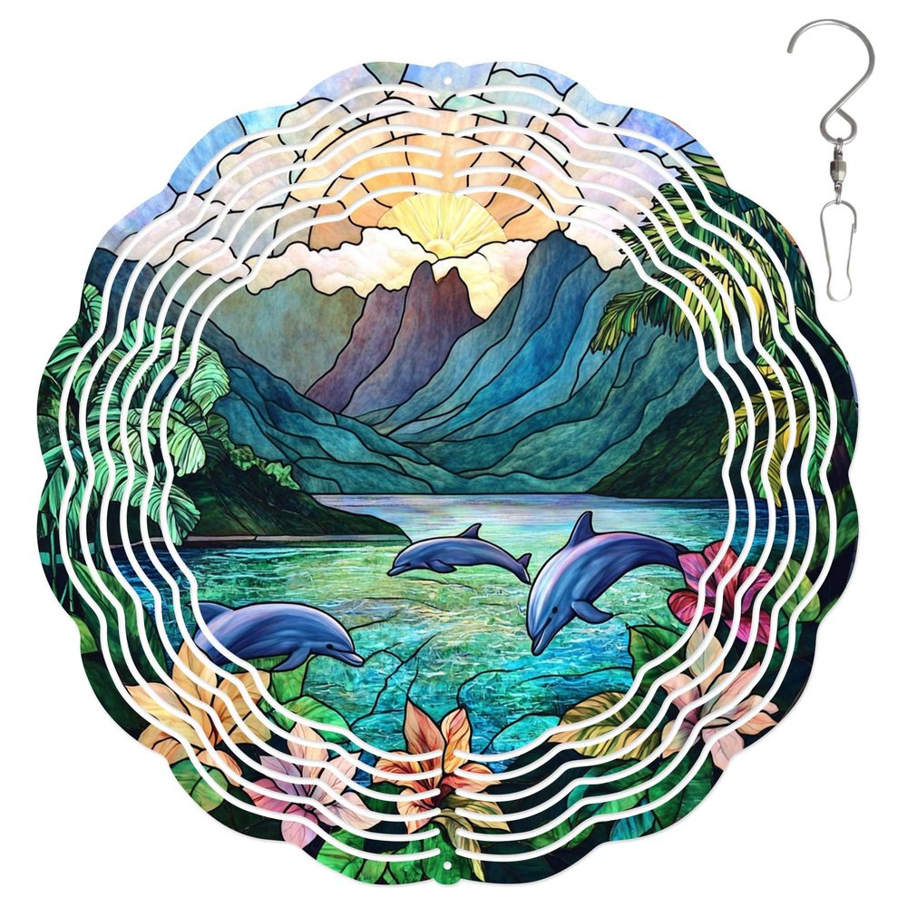 10-Inch Metal Wind Spinner Three Dolphins 3D Marine Life Wind Spinner, Unique Metal Hanging Kinetic Wind Sculpture Ornament Gifts for Women Yard Art Garden Patio Lawn Indoor Outdoor Decor