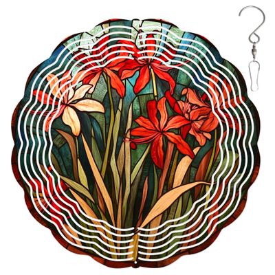 10-Inch Metal Wind Spinner Red and Peach Lilies 3D Floral Wind Spinner, Unique Metal Hanging Kinetic Wind Sculpture Ornament Gifts for Women Yard Art Garden Patio Lawn Indoor Outdoor Decor