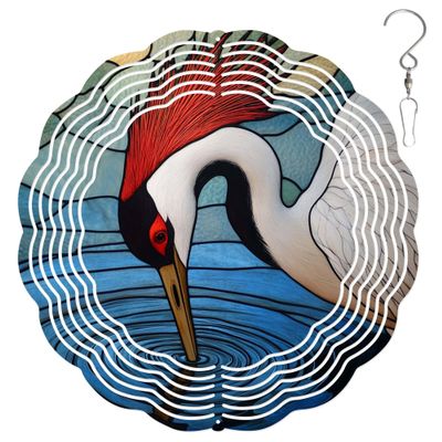 10-Inch Metal Wind Spinner Red-Crowned Crane Drinking Water 3D Bird Wind Spinner, Unique Metal Hanging Kinetic Wind Sculpture Ornament Yard Art Garden Patio Lawn Indoor Outdoor Decor