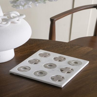CHARMMA 9x9 White Marble Tic-Tac-Toe Set with Natural Gray Pieces, White, 9.10x9.10x0.60in