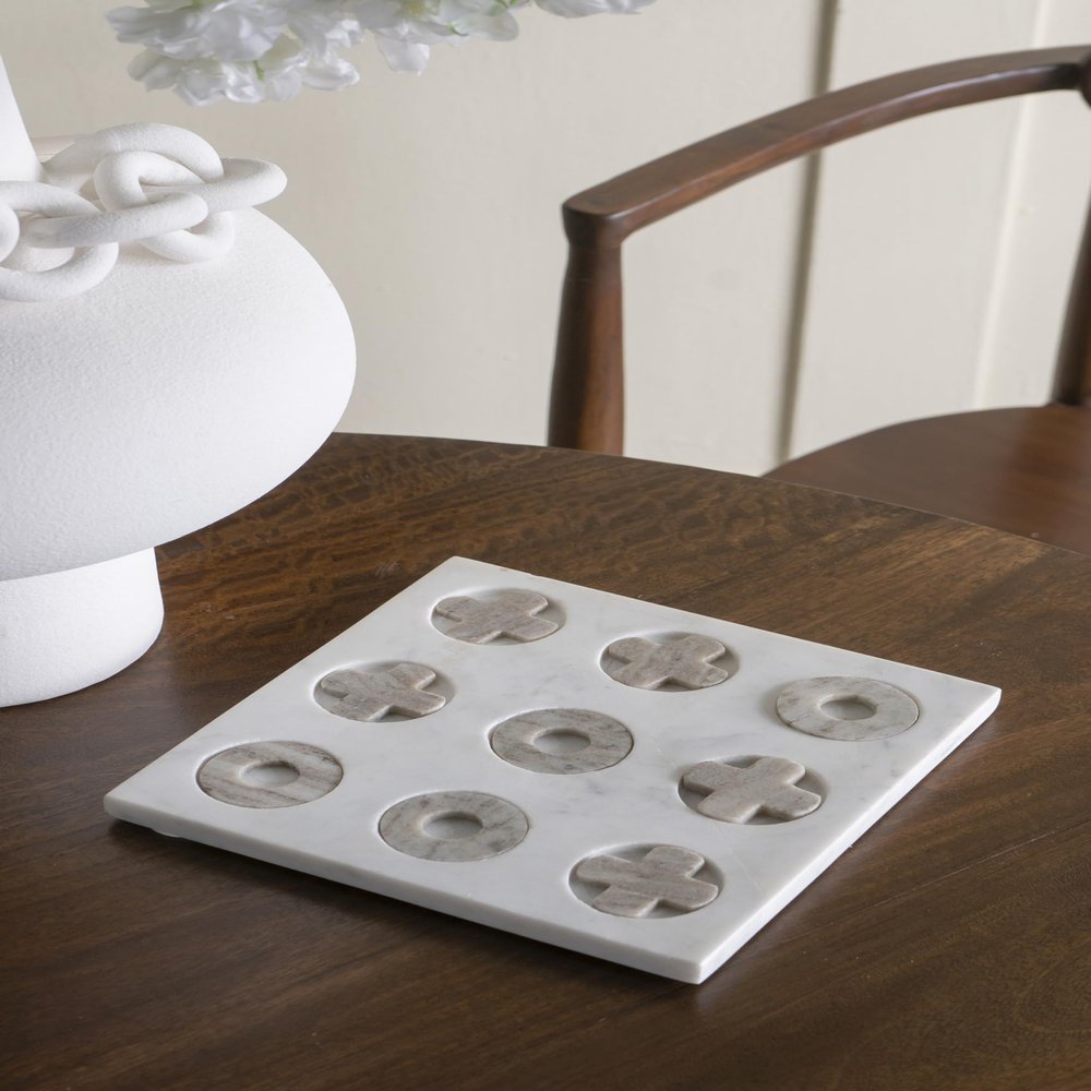 CHARMMA 9x9 White Marble Tic-Tac-Toe Set with Natural Gray Pieces, White, 9.10x9.10x0.60in