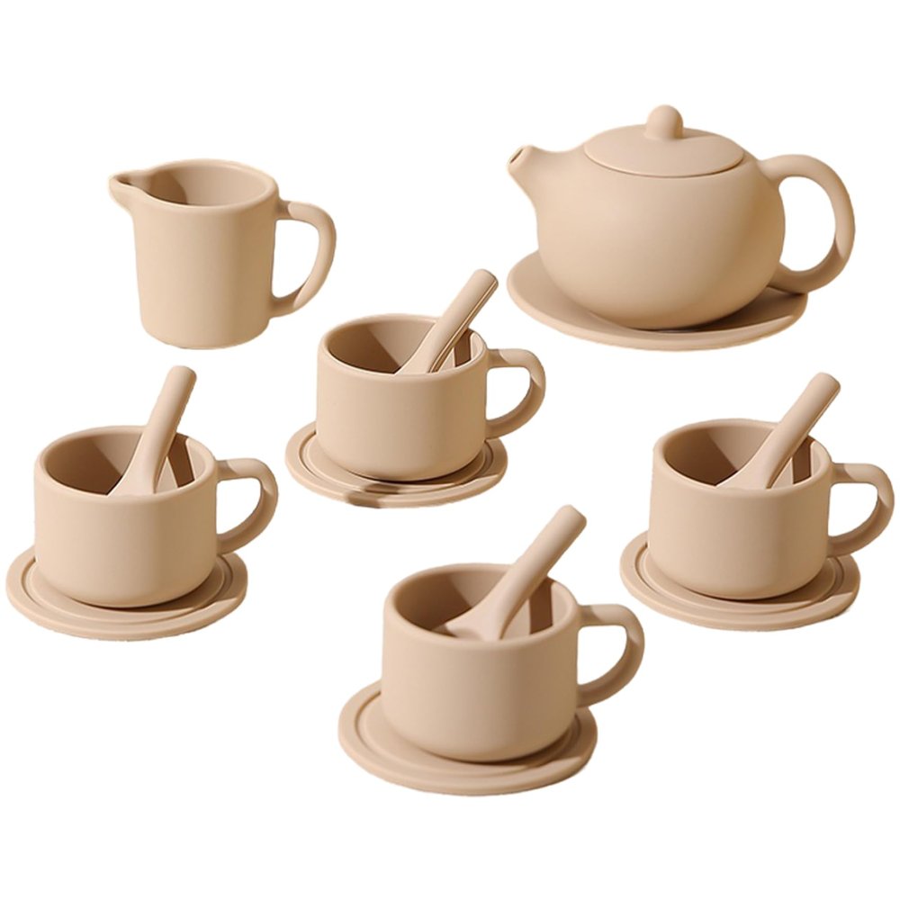 Ameble 15Pcs/Set Kids Tea Party Set Safe Silicone Heat Proof Pretend Play Toys Include Teapot/Coasters/Teacups/Spoons Shockproof Play Tea for Girls Boys Christmas