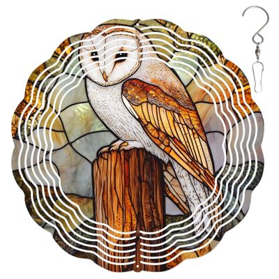 10-Inch Metal Wind Spinner Barn Owl 3D Bird Wind Spinner, Unique Metal Hanging Kinetic Wind Sculpture Ornament Yard Art Garden Patio Lawn Indoor Outdoor Decor