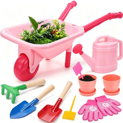CUTE STONE Kids Gardening Tool Set, Pink Wheelbarrow with Garden Toys with Watering Can, Gloves, Hand Rake, Shovel, Trowel, Outdoor/Indoor Pretend Play Toys for Toddlers Boys Girls Age 3+