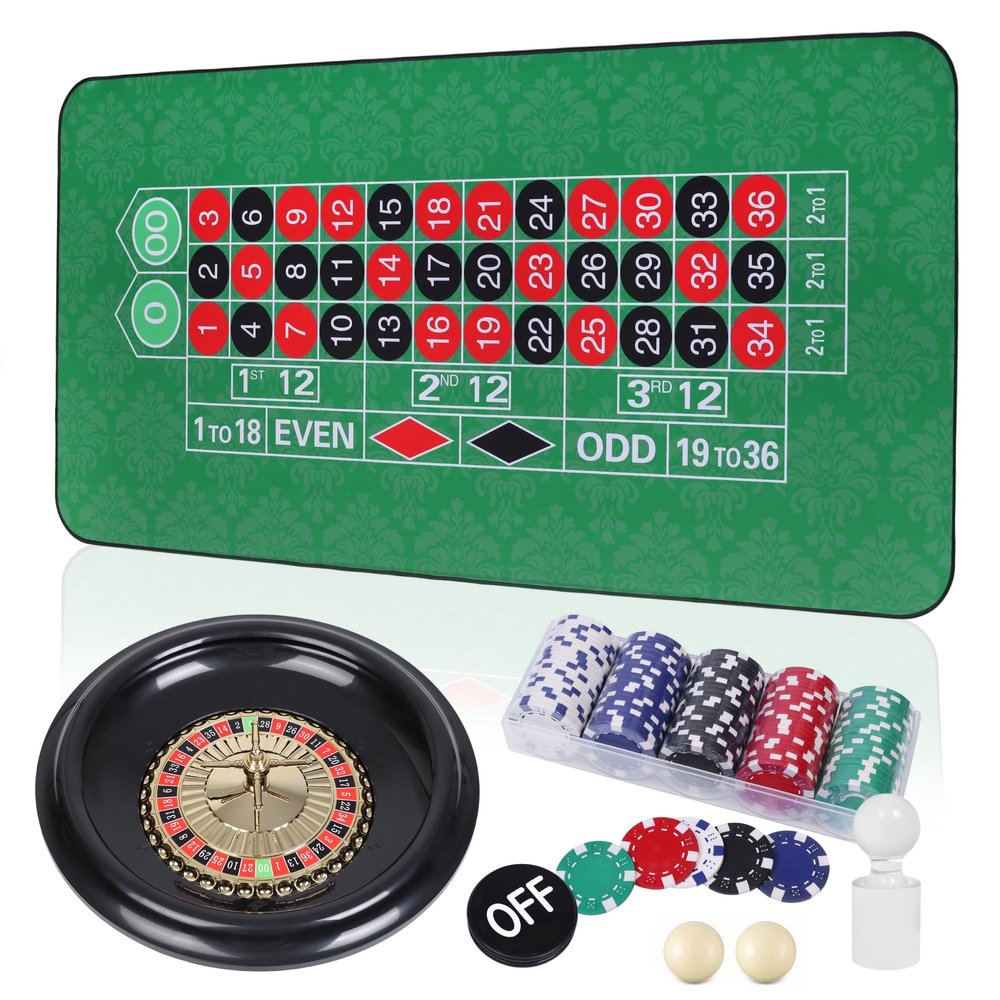 DAYUMKOU Roulette Wheel Set Includes 16'' Roulette Wheel, 200 Casino Chips, Green Roulette Mat, Chip Racks, Dealer Button, Marker Stick, Balls for Casino Game Night Party