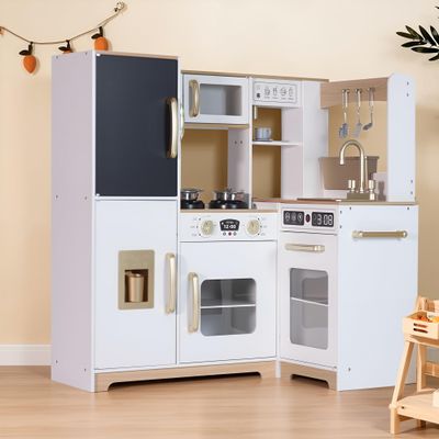 Play Corner Kitchen, Ultimate Interactive Wooden Kids Playset with Light, Montessori Pretend Play Toys, Kids Cooking Playset for Girls & Boys Ages 3+(White)