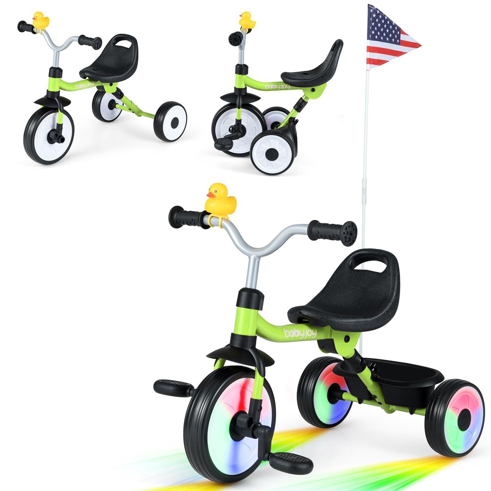 BABY JOY Toddler Bike, Folding Kids Tricycle w/Glowing Wheels, Flag, 3-Position Seat, Storage Basket & Squeaky Duck, Baby Trike Balance Bike for 1-3 Years Old Boys Girls Outdoor Play (Green)